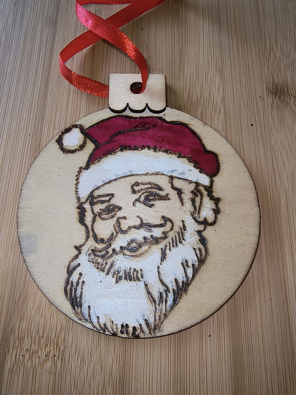 Hand Crafted Red and White Santa Wood Ornament